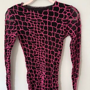 Black Mesh Long Sleeve Top with Hot Pink Textured Pattern